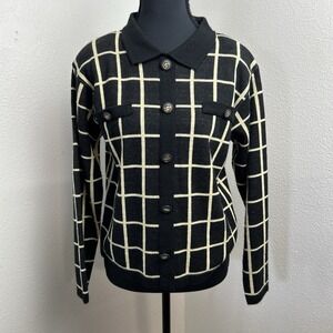 Adolfo Collectibles Sweater Women's Small Black & Cream Plaid Detailed Buttons